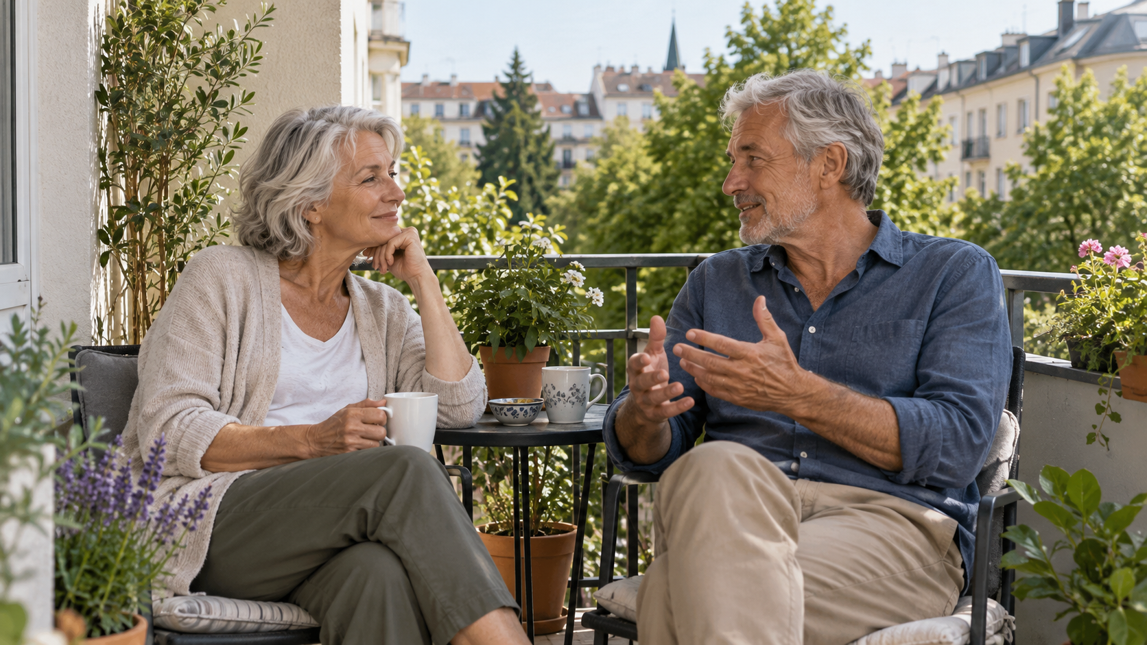 Älteres Paar bespricht auf einem Balkon sein gemeinsames Wohnen